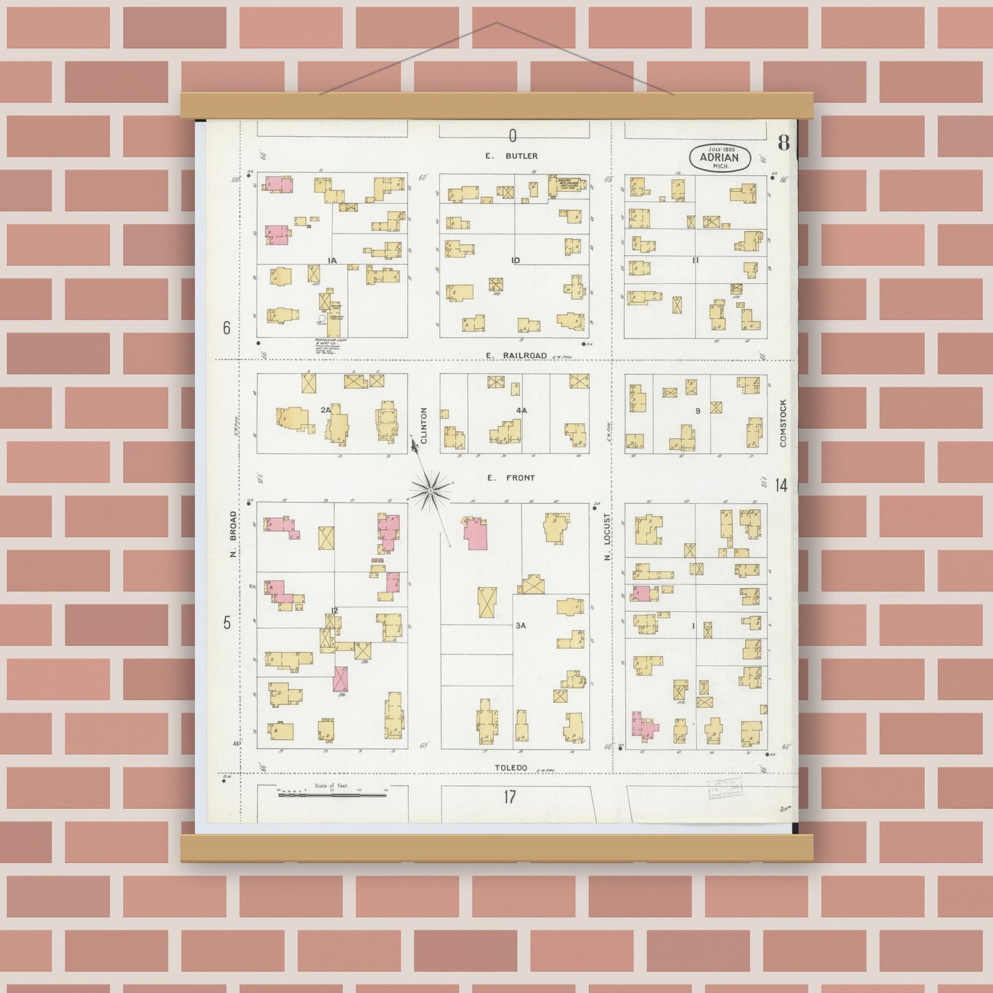 Old map wall art mockup — magnetic wood frame on brick wall — Sanborn Fire Insurance Map from Adrian, Lenawee County, Michigan (1899), Sheet #0008