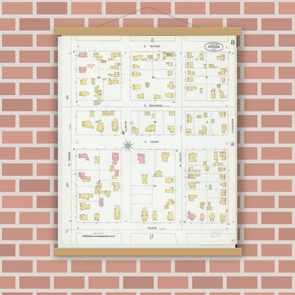 Old map wall art mockup — magnetic wood frame on brick wall — Sanborn Fire Insurance Map from Adrian, Lenawee County, Michigan (1899), Sheet #0008