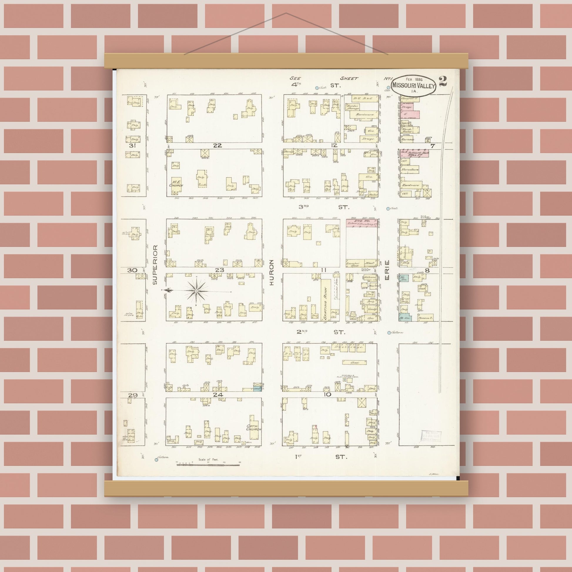 Old map wall art mockup — magnetic wood frame on brick wall — Sanborn Fire Insurance Map from Missouri Valley, Harrison County, Iowa (1886), Sheet #0002