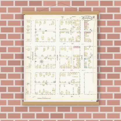 Old map wall art mockup — magnetic wood frame on brick wall — Sanborn Fire Insurance Map from Missouri Valley, Harrison County, Iowa (1886), Sheet #0002