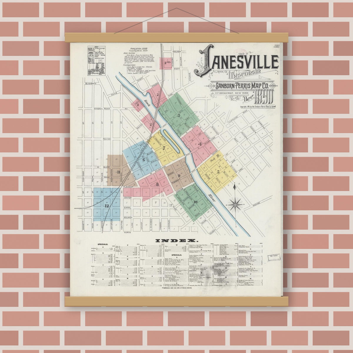 Old map wall art mockup — magnetic wood frame on brick wall — Sanborn Fire Insurance Map from Janesville, Rock County, Wisconsin (1890) - Complete Map Set