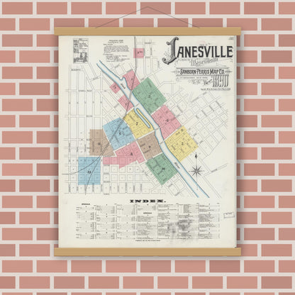 Old map wall art mockup — magnetic wood frame on brick wall — Sanborn Fire Insurance Map from Janesville, Rock County, Wisconsin (1890) - Complete Map Set