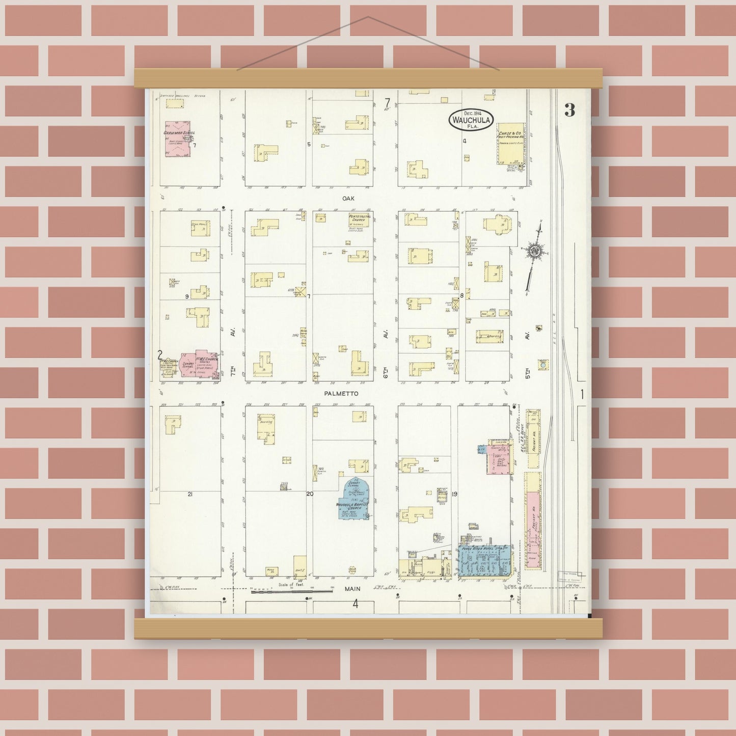 Old map wall art mockup — magnetic wood frame on brick wall — Sanborn Fire Insurance Map from Wauchula, Hardee County, Florida (1914), Sheet #0003