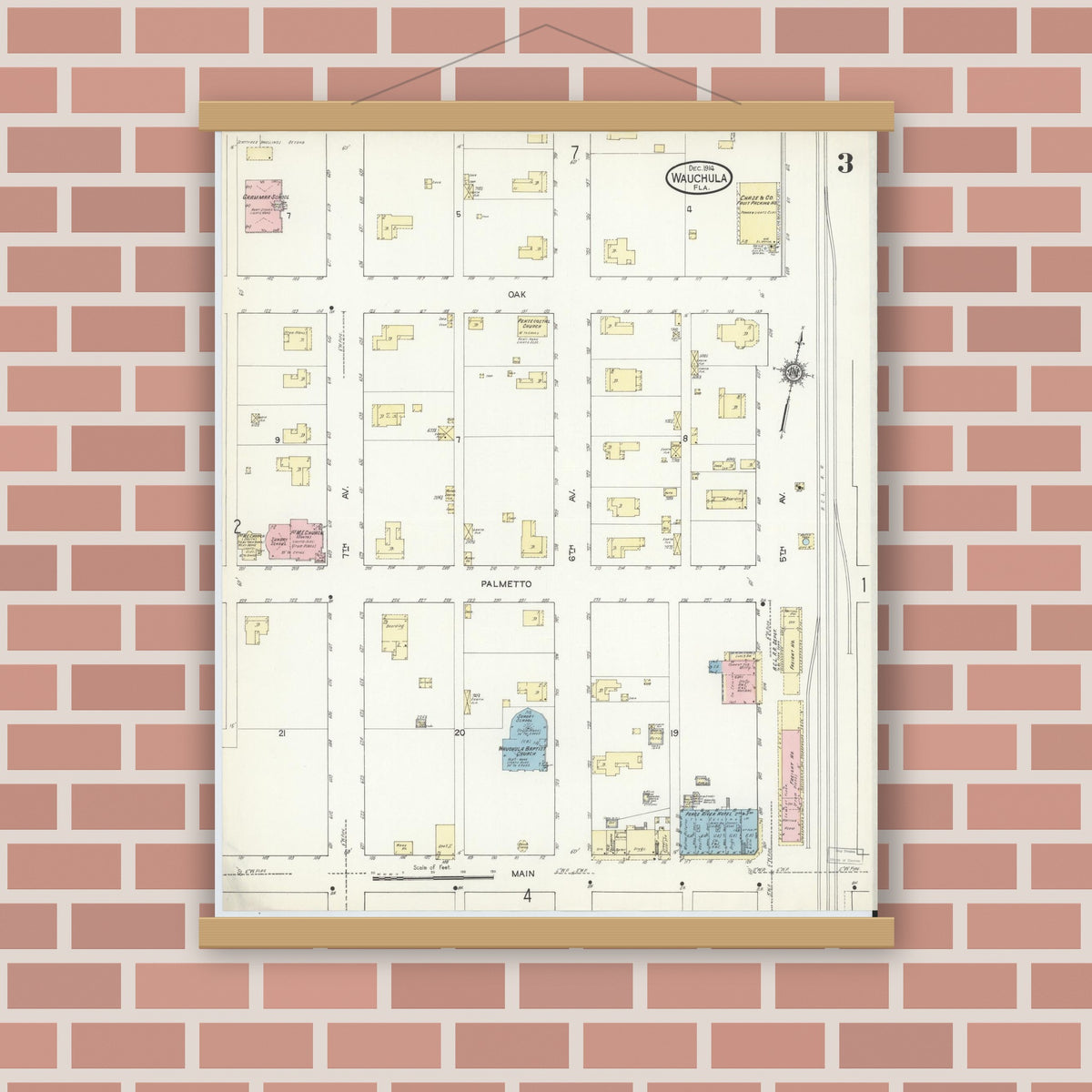 Old map wall art mockup — magnetic wood frame on brick wall — Sanborn Fire Insurance Map from Wauchula, Hardee County, Florida (1914), Sheet #0003