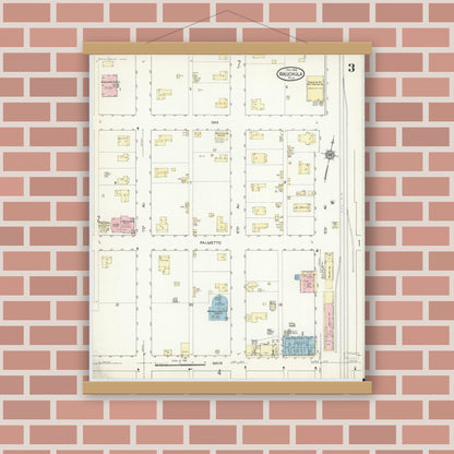 Old map wall art mockup — magnetic wood frame on brick wall — Sanborn Fire Insurance Map from Wauchula, Hardee County, Florida (1914), Sheet #0003