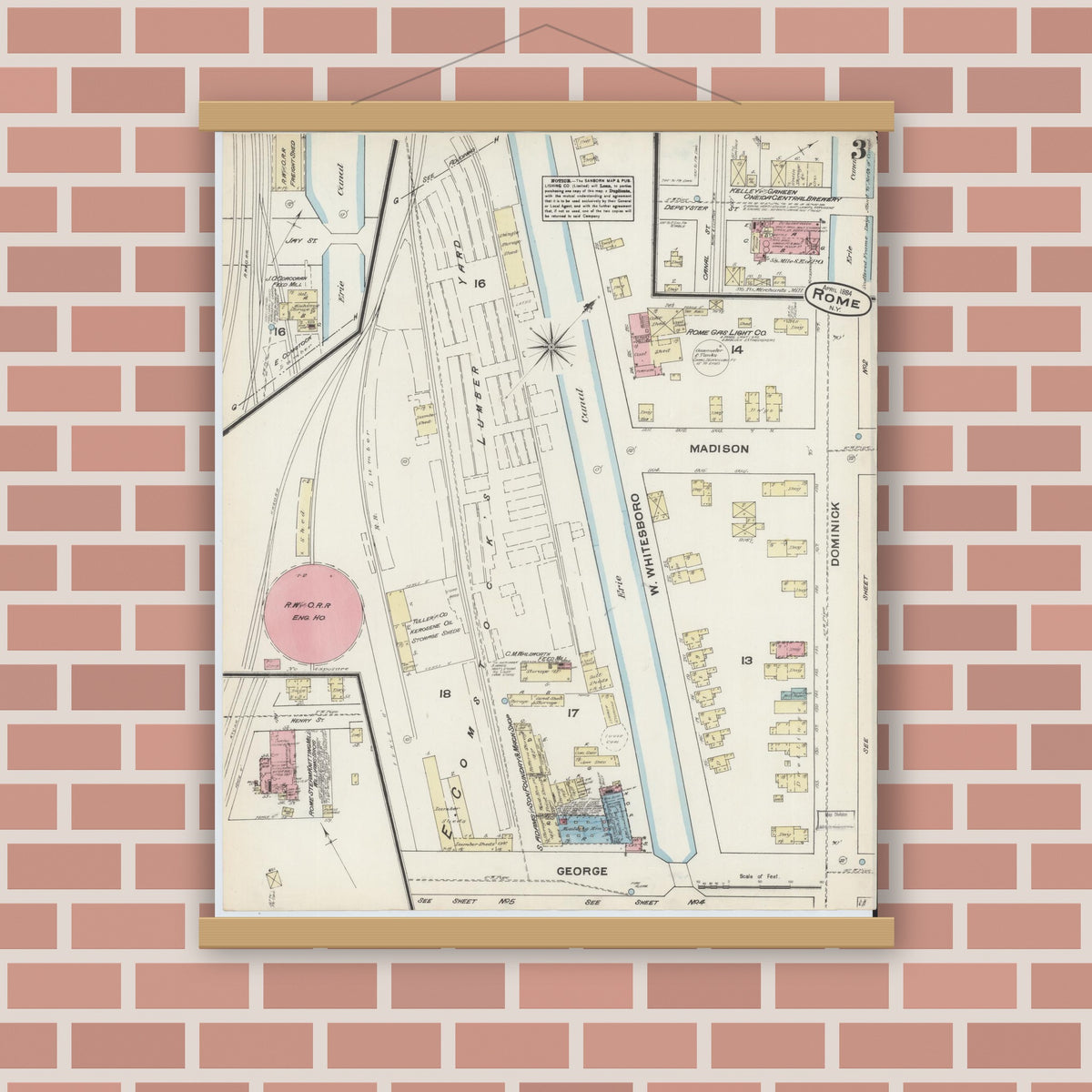 Old map wall art mockup — magnetic wood frame on brick wall — Sanborn Fire Insurance Map from Rome, Oneida County, New York (1884), Sheet #0003