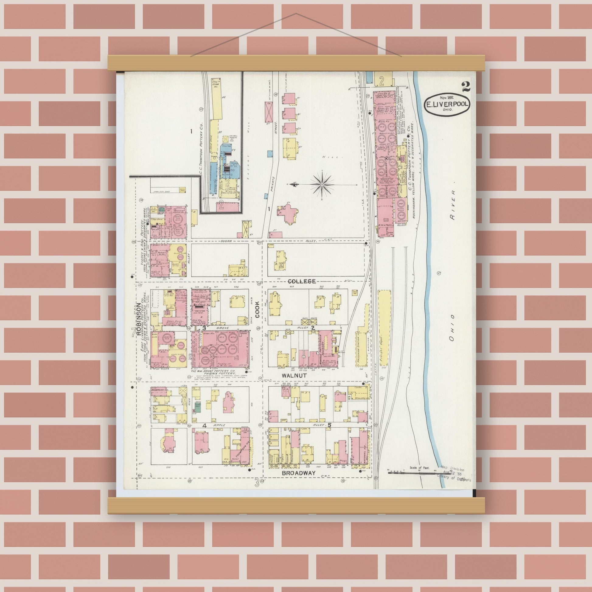 Old map wall art mockup — magnetic wood frame on brick wall — Sanborn Fire Insurance Map from East Liverpool, Columbiana County, Ohio (1892), Sheet #0002
