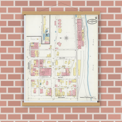 Old map wall art mockup — magnetic wood frame on brick wall — Sanborn Fire Insurance Map from East Liverpool, Columbiana County, Ohio (1892), Sheet #0002