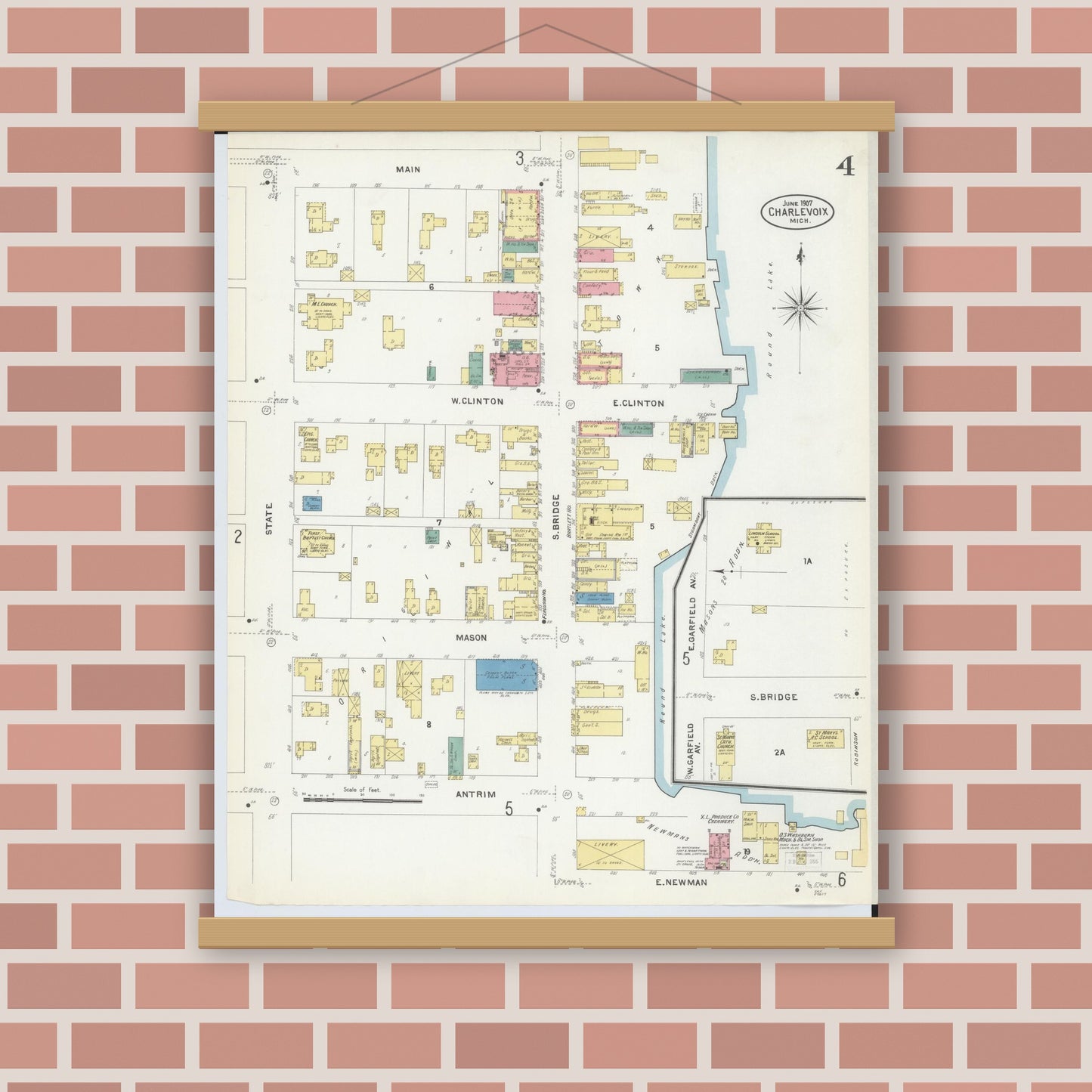 Old map wall art mockup — magnetic wood frame on brick wall — Sanborn Fire Insurance Map from Charlevoix, Charlevoix County, Michigan (1907), Sheet #0004