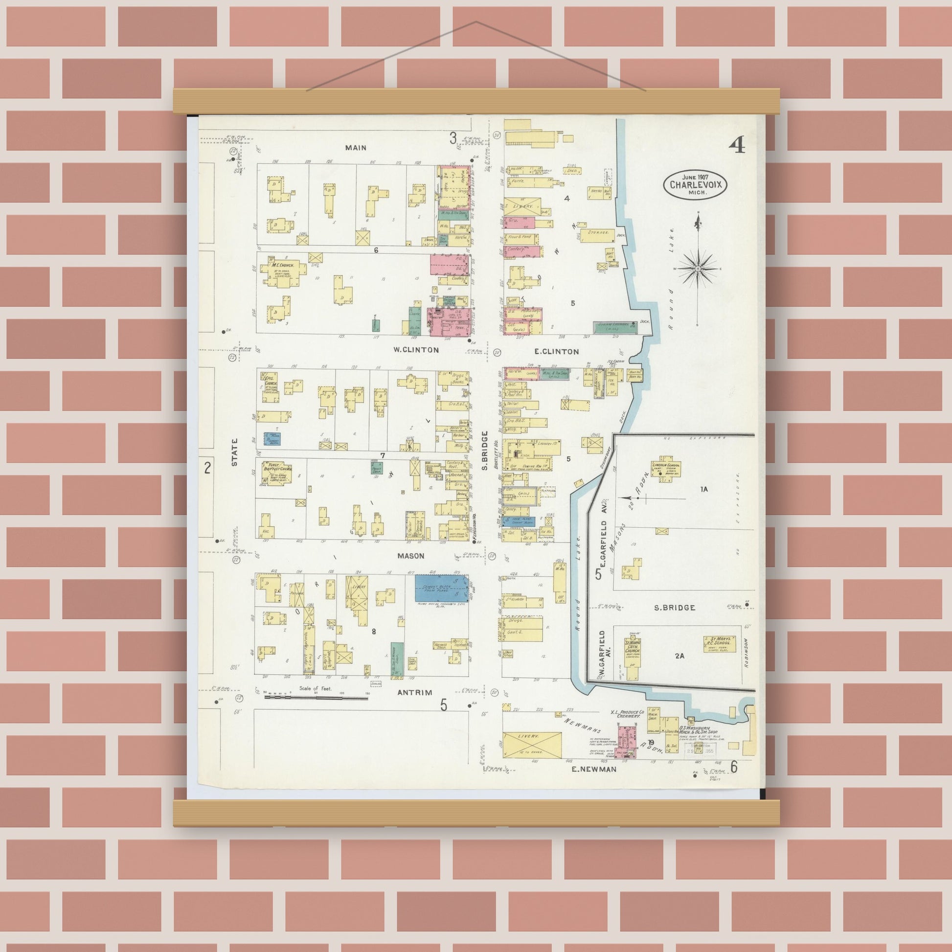 Old map wall art mockup — magnetic wood frame on brick wall — Sanborn Fire Insurance Map from Charlevoix, Charlevoix County, Michigan (1907), Sheet #0004