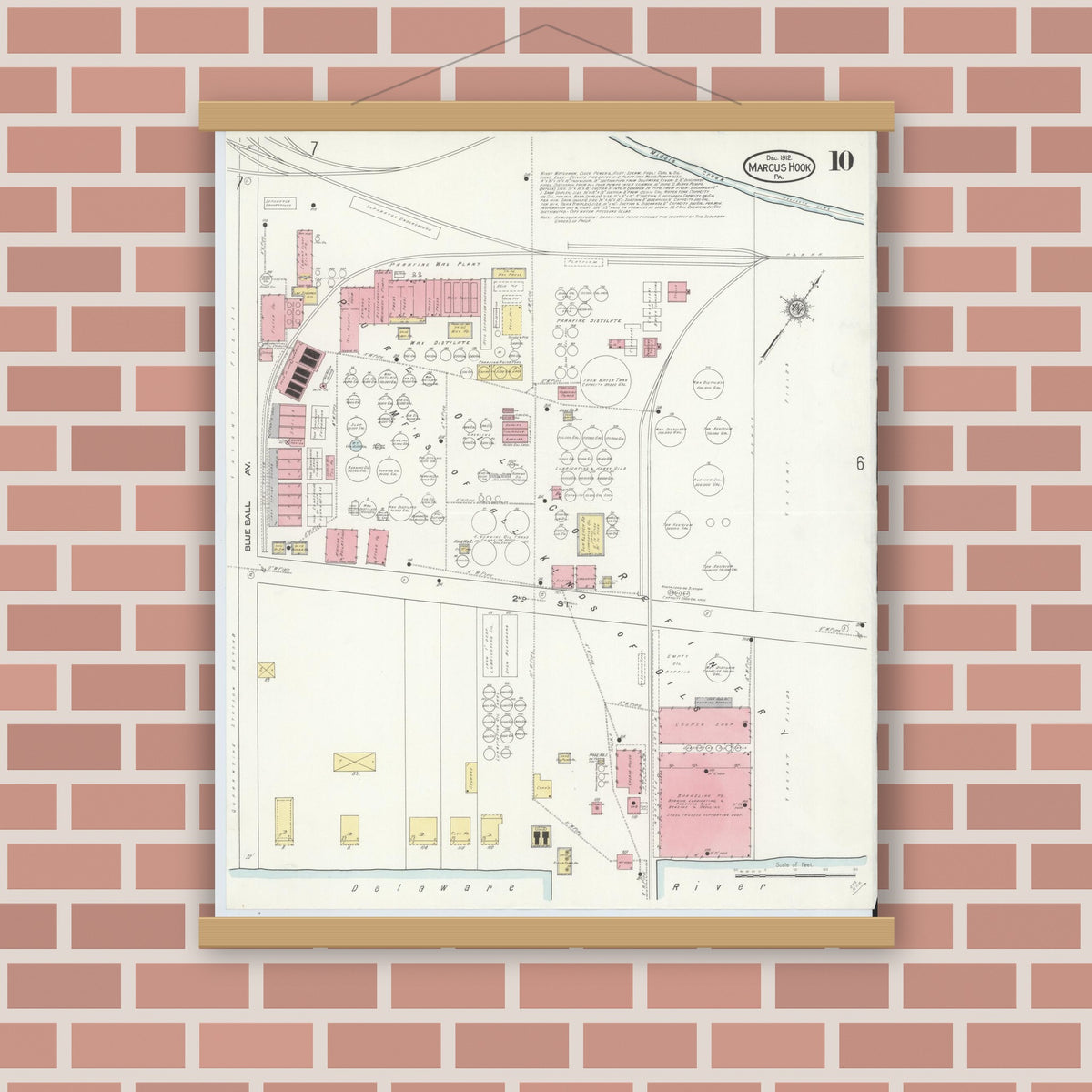 Old map wall art mockup — magnetic wood frame on brick wall — Sanborn Fire Insurance Map from Marcus Hook, Chester County, Pennsylvania (1912), Sheet #0010