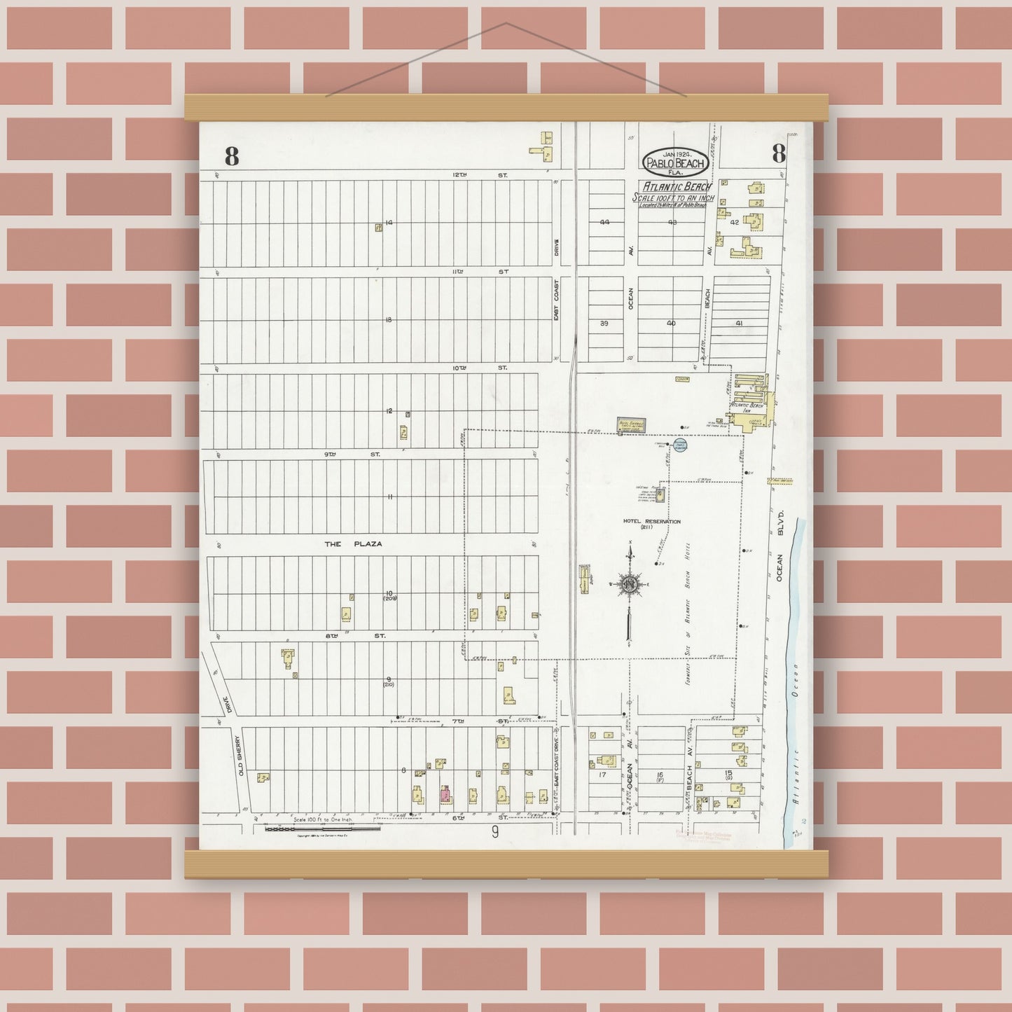 Old map wall art mockup — magnetic wood frame on brick wall — Sanborn Fire Insurance Map from Pablo Beach, Duval County, Florida (1924), Sheet #0008