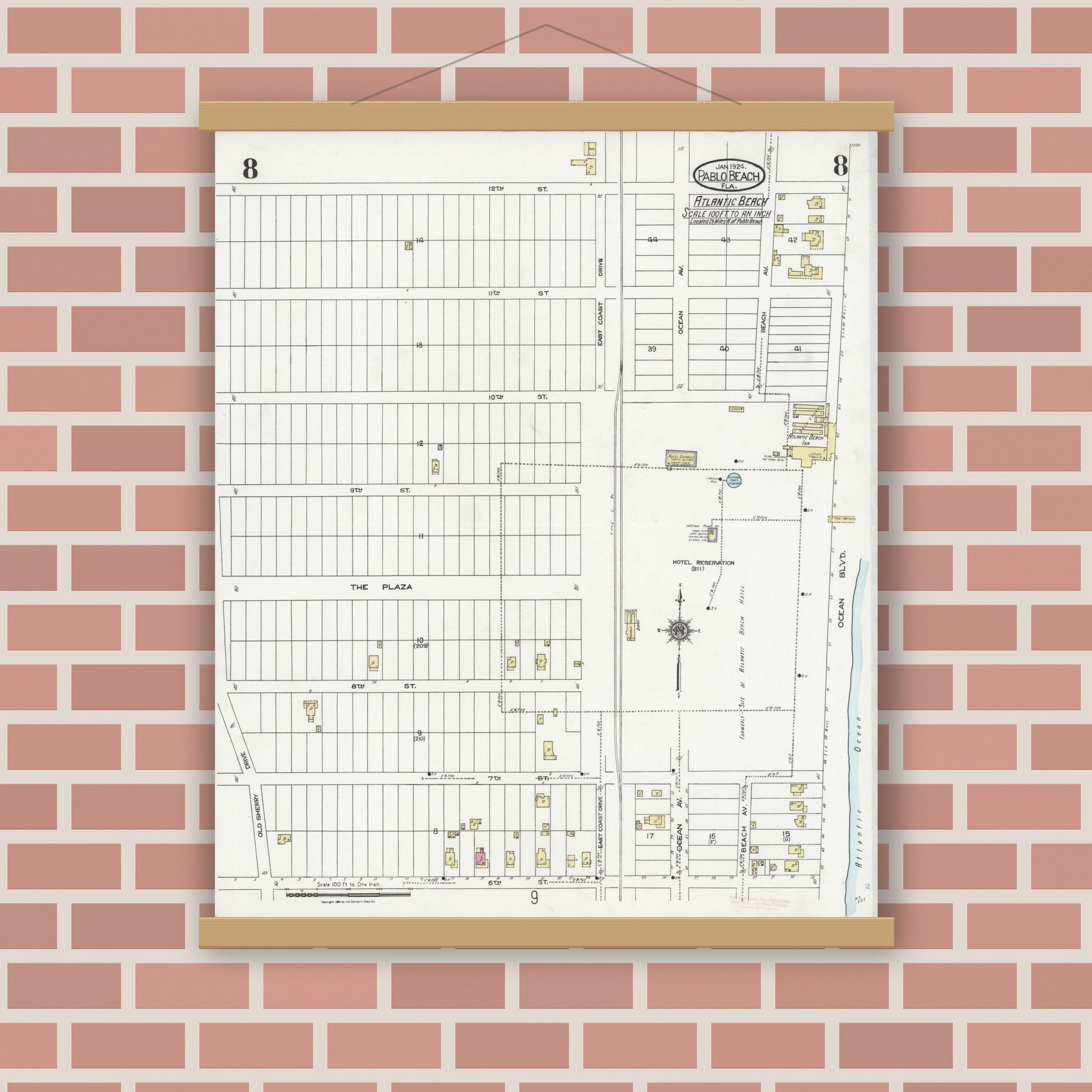 Old map wall art mockup — magnetic wood frame on brick wall — Sanborn Fire Insurance Map from Pablo Beach, Duval County, Florida (1924), Sheet #0008