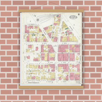 Old map wall art mockup — magnetic wood frame on brick wall — Sanborn Fire Insurance Map from East Liverpool, Columbiana County, Ohio (1908), Sheet #0008