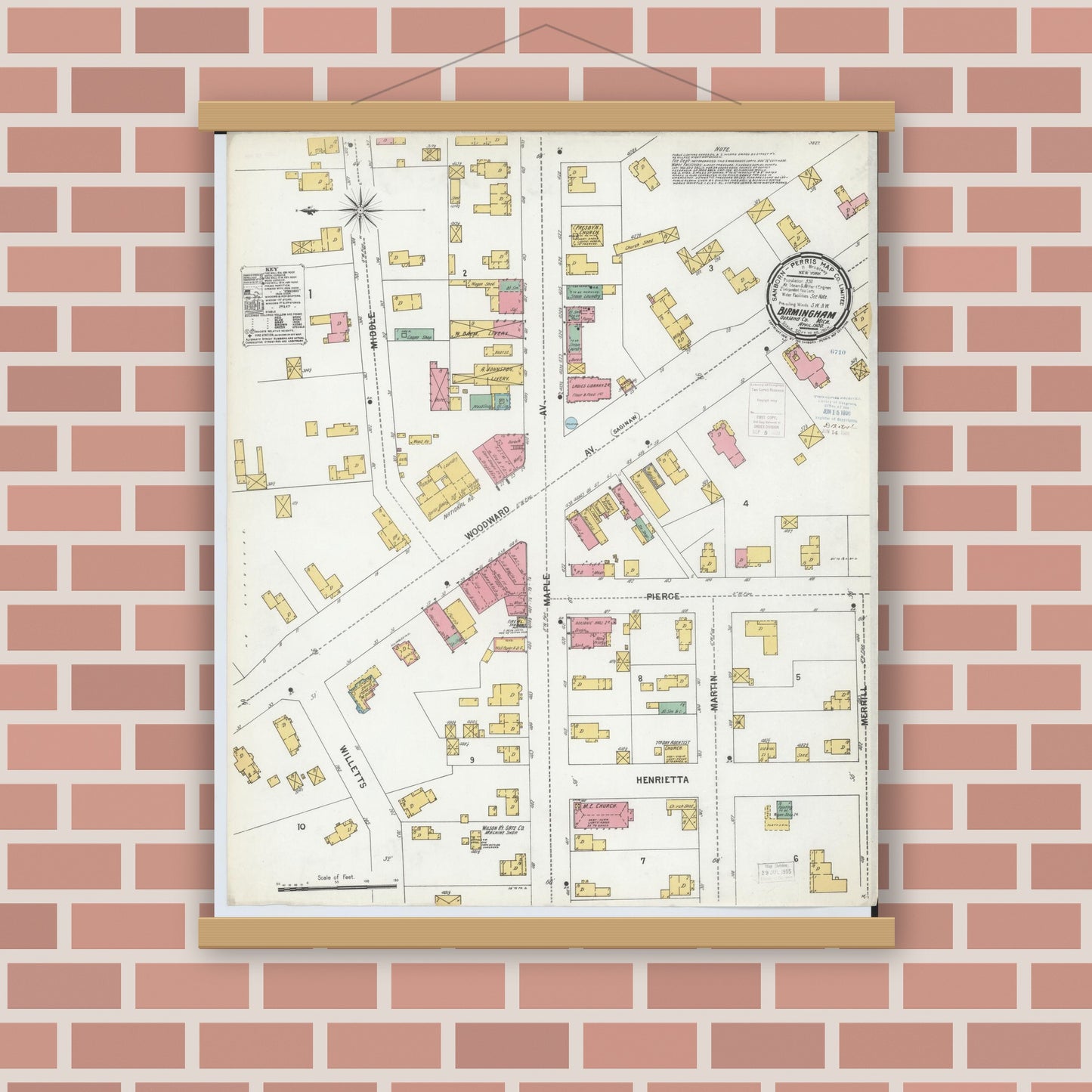 Old map wall art mockup — magnetic wood frame on brick wall — Sanborn Fire Insurance Map from Birmingham, Oakland County, Michigan (1900), Sheet #0001