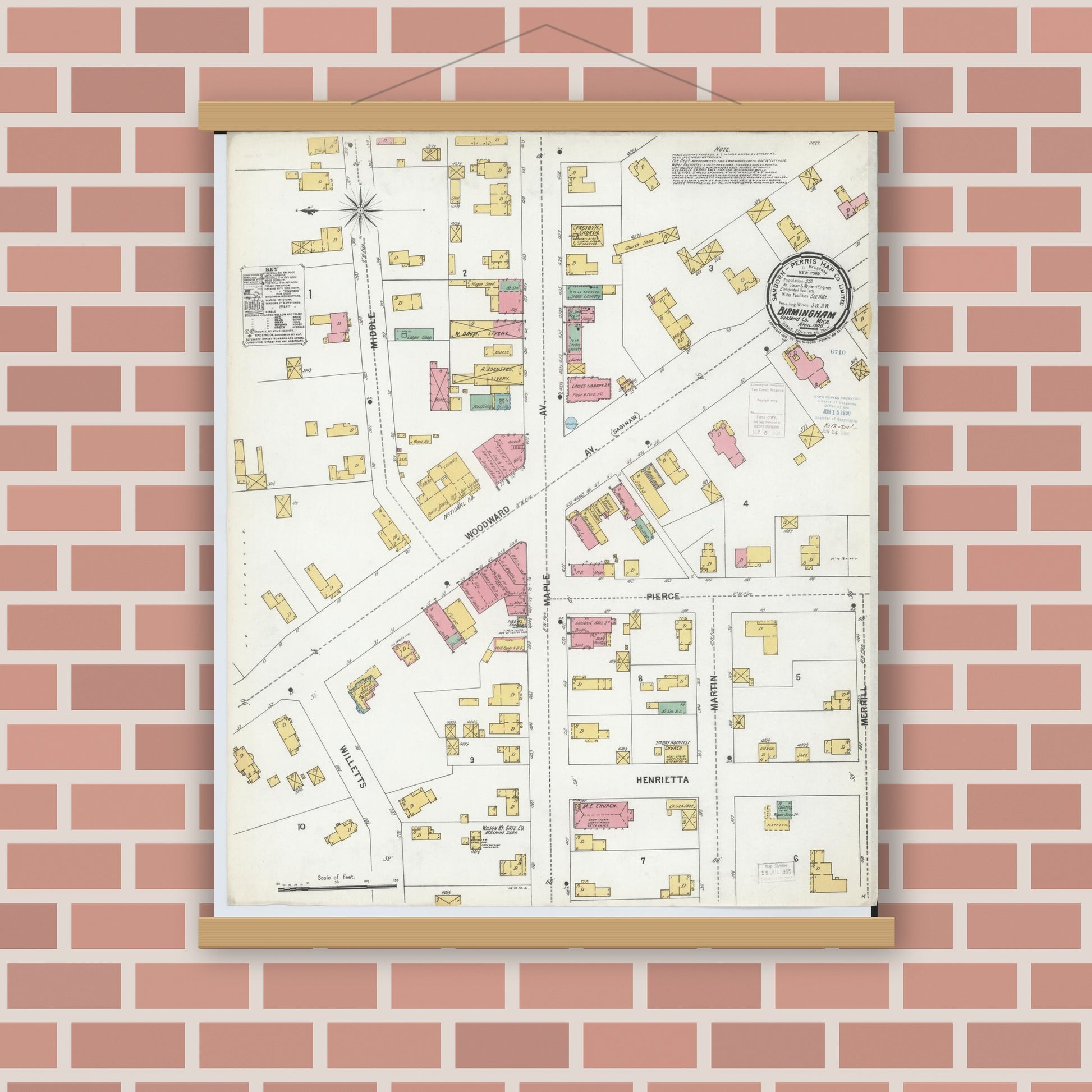 Old map wall art mockup — magnetic wood frame on brick wall — Sanborn Fire Insurance Map from Birmingham, Oakland County, Michigan (1900), Sheet #0001