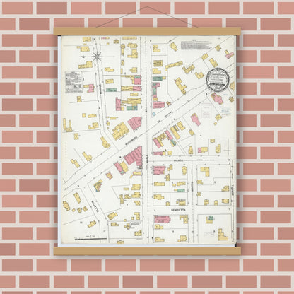 Old map wall art mockup — magnetic wood frame on brick wall — Sanborn Fire Insurance Map from Birmingham, Oakland County, Michigan (1900), Sheet #0001