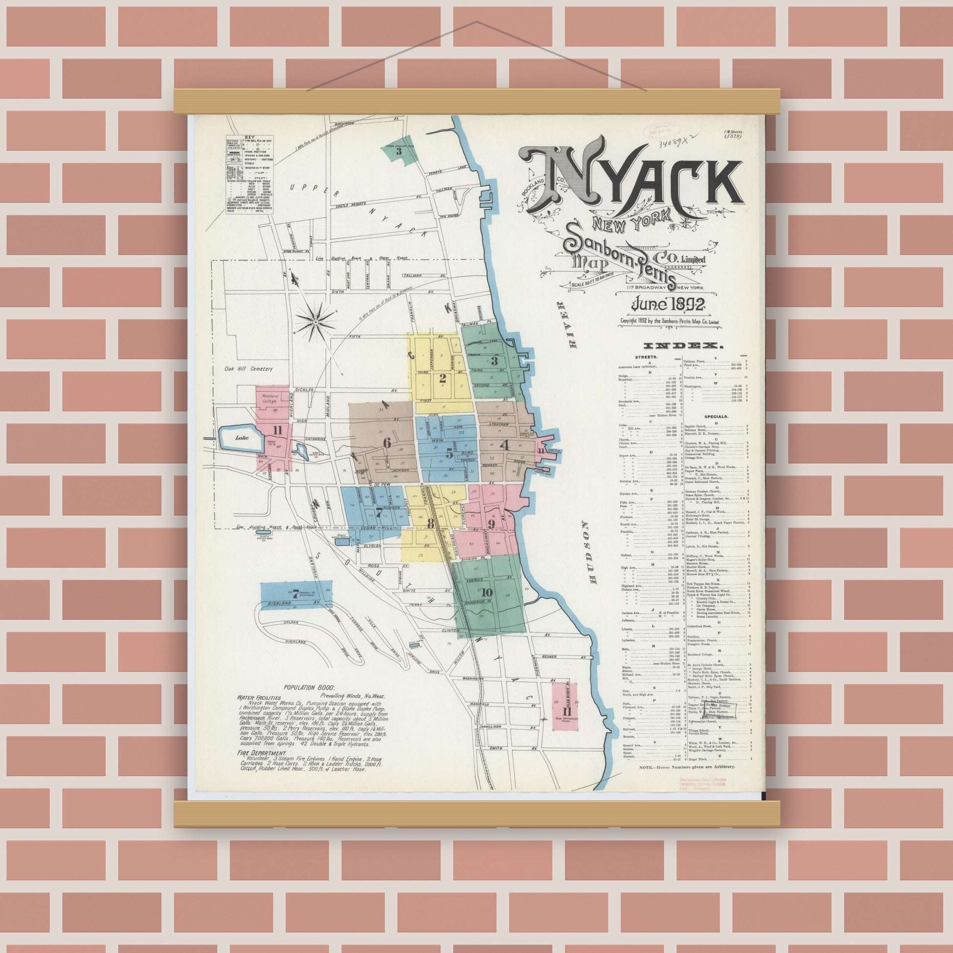 Old map wall art mockup — magnetic wood frame on brick wall — Sanborn Fire Insurance Map from Nyack, Rockland County, New York. (1892), Sheet #0000