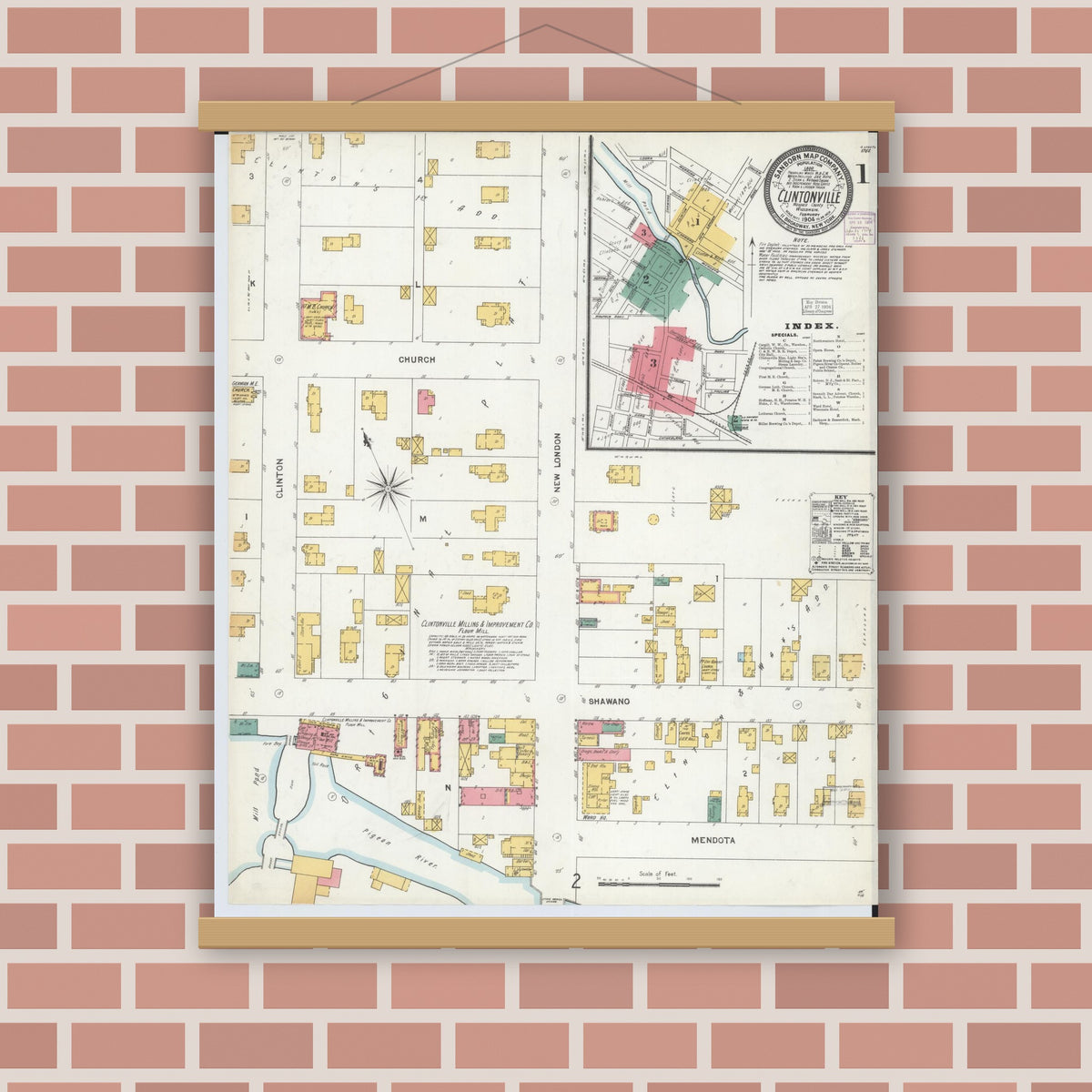 Old map wall art mockup — magnetic wood frame on brick wall — Sanborn Fire Insurance Map from Clintonville, Waupaca County, Wisconsin (1904) - Complete Map Set