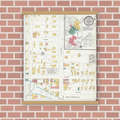 Old map wall art mockup — magnetic wood frame on brick wall — Sanborn Fire Insurance Map from Clintonville, Waupaca County, Wisconsin (1904) - Complete Map Set