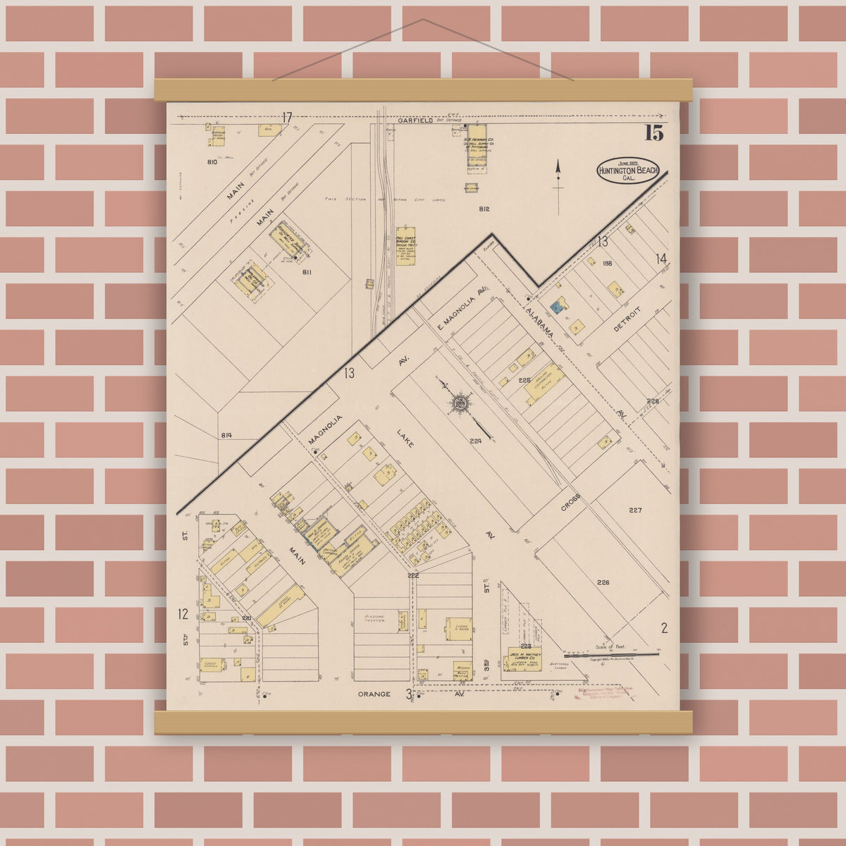 Old map wall art mockup — magnetic wood frame on brick wall — Sanborn Fire Insurance Map from Huntington Beach, Orange County, California (1922), Sheet #0015