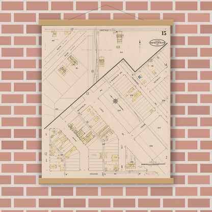 Old map wall art mockup — magnetic wood frame on brick wall — Sanborn Fire Insurance Map from Huntington Beach, Orange County, California (1922), Sheet #0015