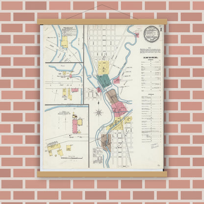 Old map wall art mockup — magnetic wood frame on brick wall — Sanborn Fire Insurance Map from Three Rivers, Saint Joseph County, Michigan (1893) - Complete Map Set