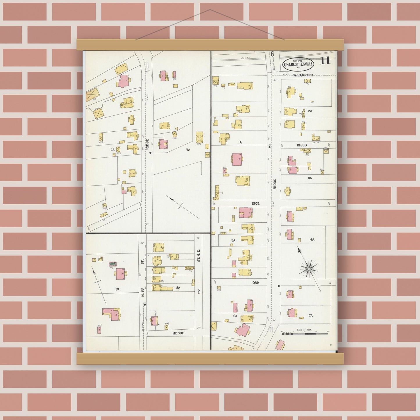 Old map wall art mockup — magnetic wood frame on brick wall — Sanborn Fire Insurance Map from Charlottesville, Independent Cities, Virginia (1902), Sheet #0011