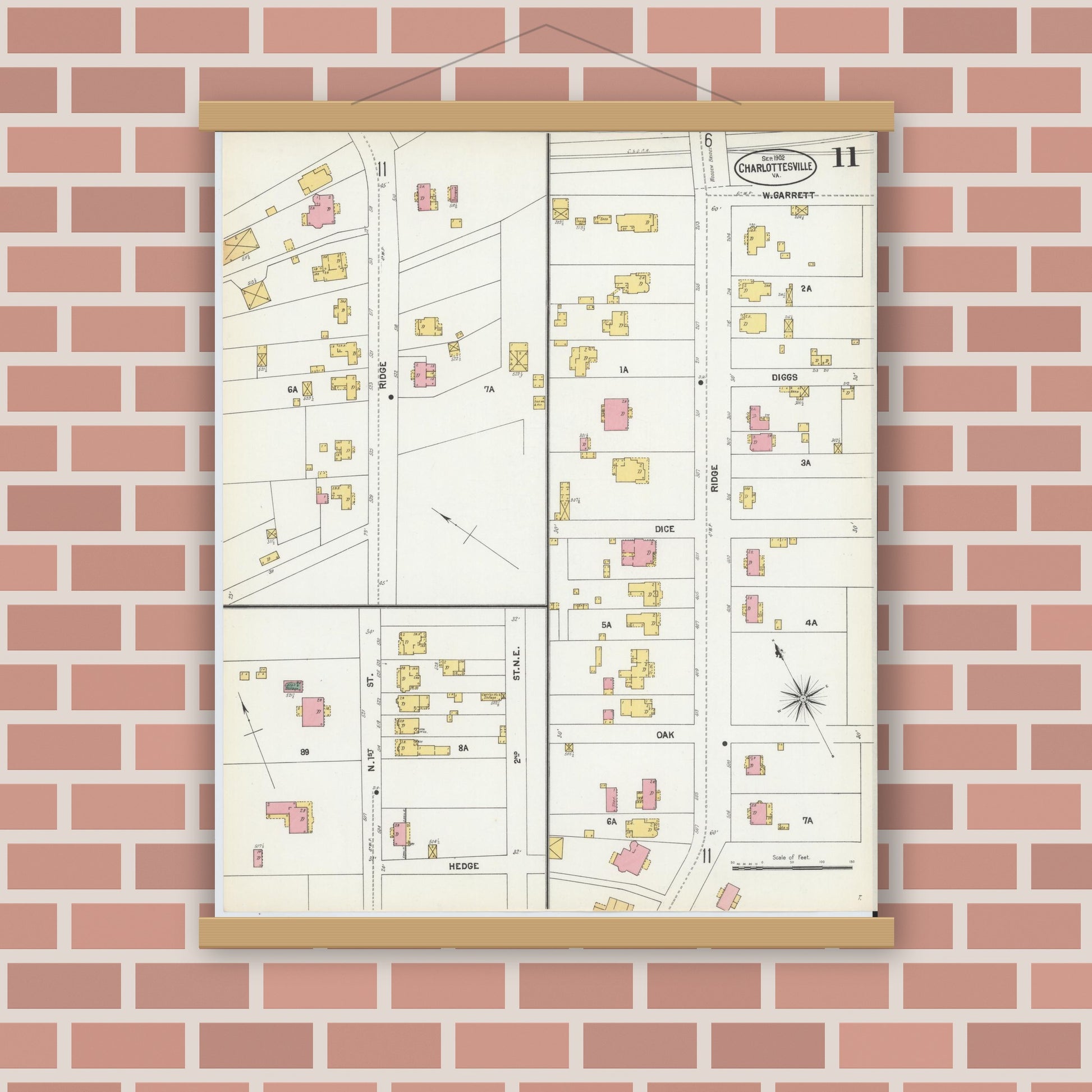 Old map wall art mockup — magnetic wood frame on brick wall — Sanborn Fire Insurance Map from Charlottesville, Independent Cities, Virginia (1902), Sheet #0011