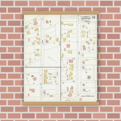 Old map wall art mockup — magnetic wood frame on brick wall — Sanborn Fire Insurance Map from Charlottesville, Independent Cities, Virginia (1902), Sheet #0011