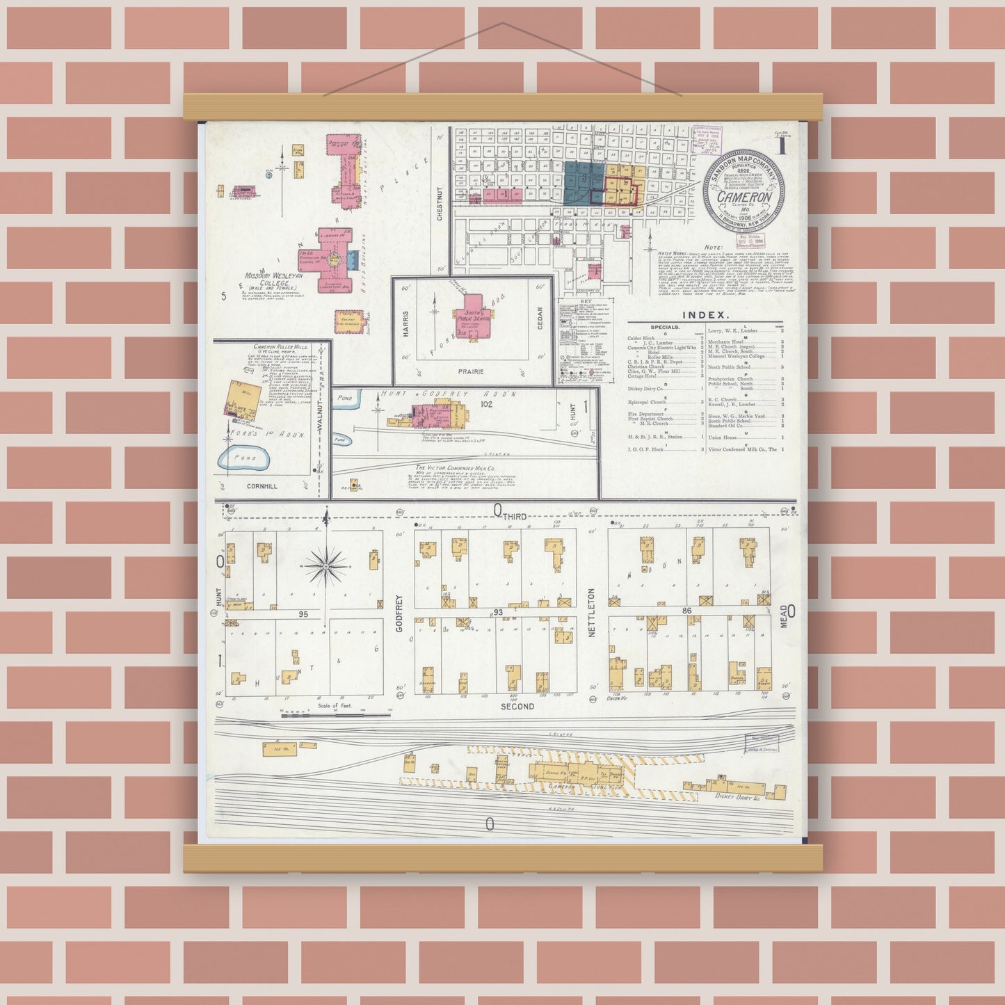 Old map wall art mockup — magnetic wood frame on brick wall — Sanborn Fire Insurance Map from Cameron, Clinton County, Missouri (1906) - Complete Map Set