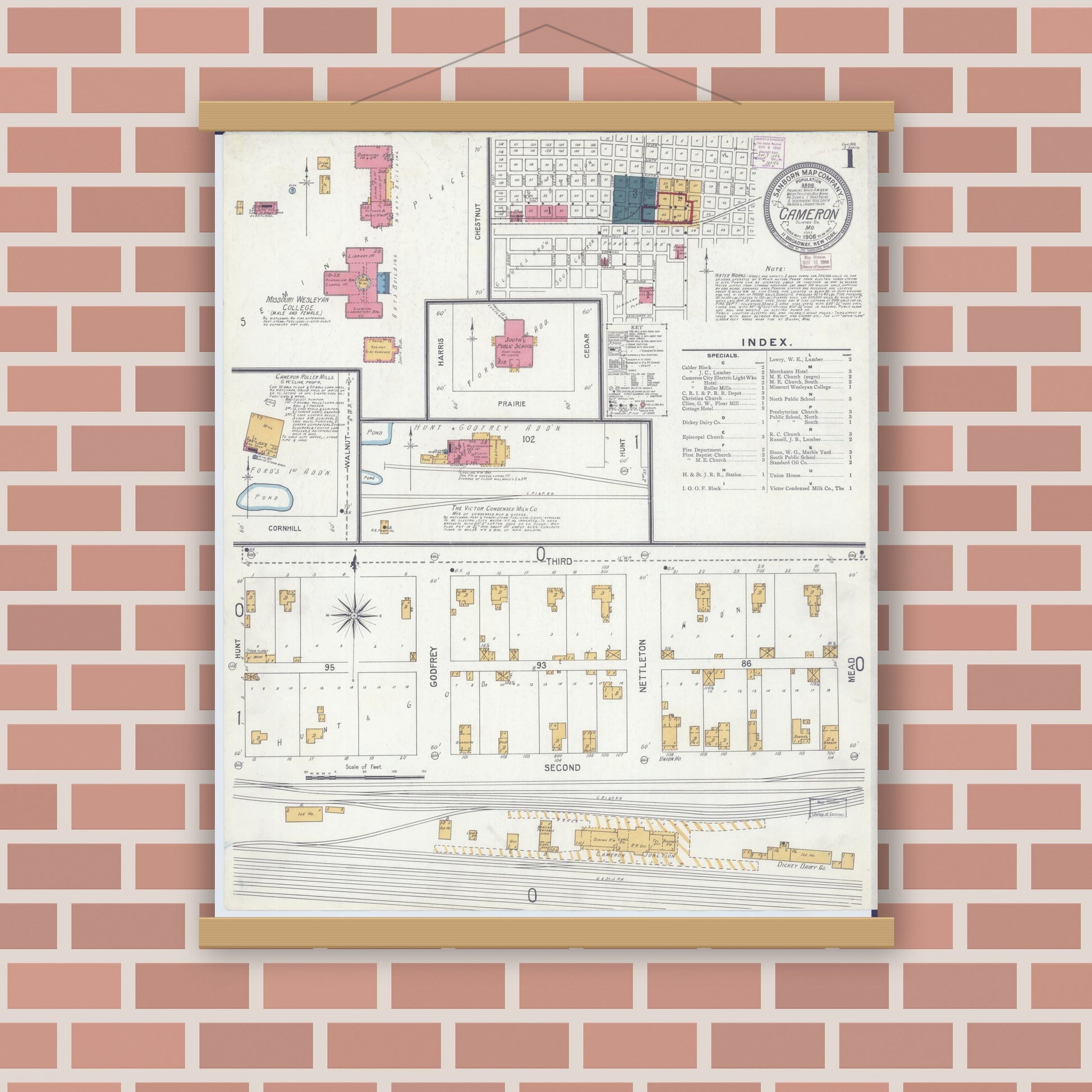 Old map wall art mockup — magnetic wood frame on brick wall — Sanborn Fire Insurance Map from Cameron, Clinton County, Missouri (1906) - Complete Map Set