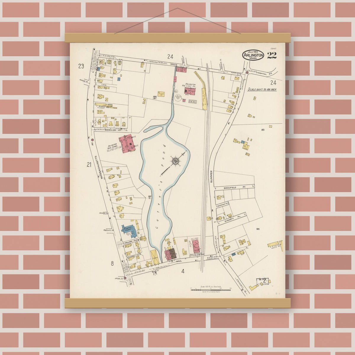 Old map wall art mockup — magnetic wood frame on brick wall — Sanborn Fire Insurance Map from Arlington, Middlesex County, Massachusetts (1922), Sheet #0022