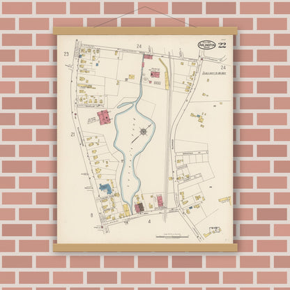 Old map wall art mockup — magnetic wood frame on brick wall — Sanborn Fire Insurance Map from Arlington, Middlesex County, Massachusetts (1922), Sheet #0022