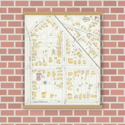 Old map wall art mockup — magnetic wood frame on brick wall — Sanborn Fire Insurance Map from New Bern, Craven County, North Carolina (1904), Sheet #0006