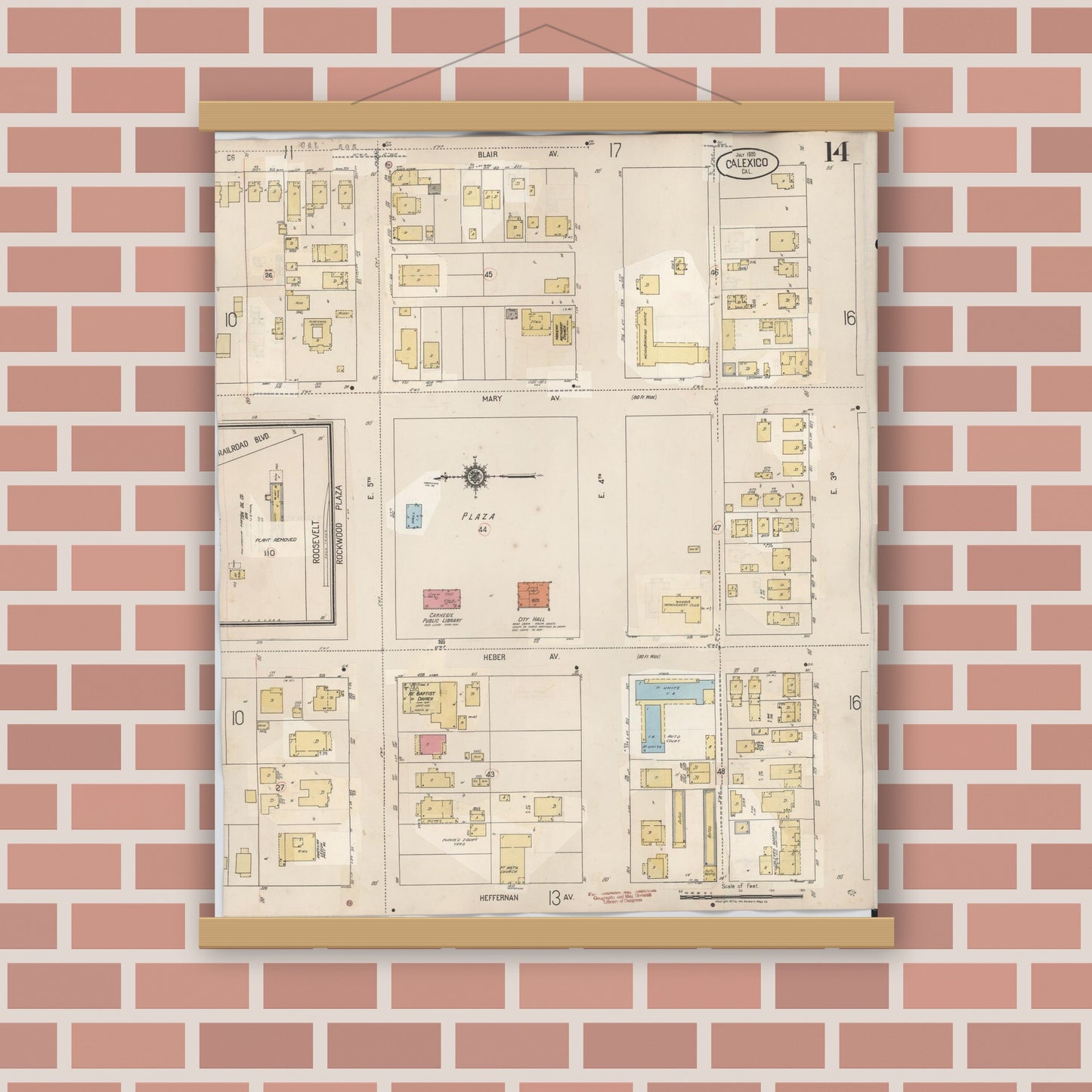 Old map wall art mockup — magnetic wood frame on brick wall — Sanborn Fire Insurance Map from Calexico, Imperial County, California (1949), Sheet #0014