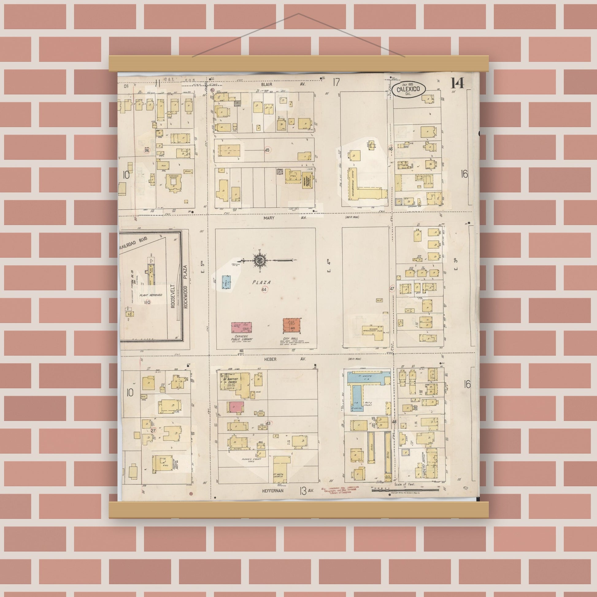 Old map wall art mockup — magnetic wood frame on brick wall — Sanborn Fire Insurance Map from Calexico, Imperial County, California (1949), Sheet #0014