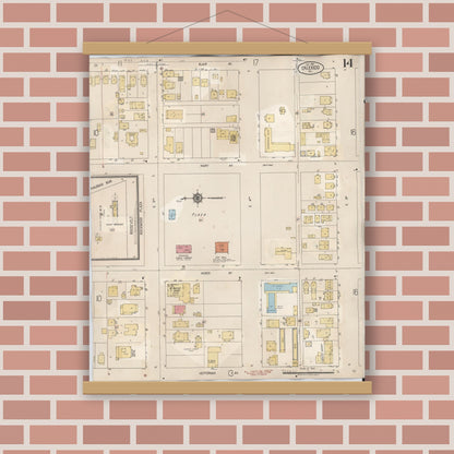 Old map wall art mockup — magnetic wood frame on brick wall — Sanborn Fire Insurance Map from Calexico, Imperial County, California (1949), Sheet #0014