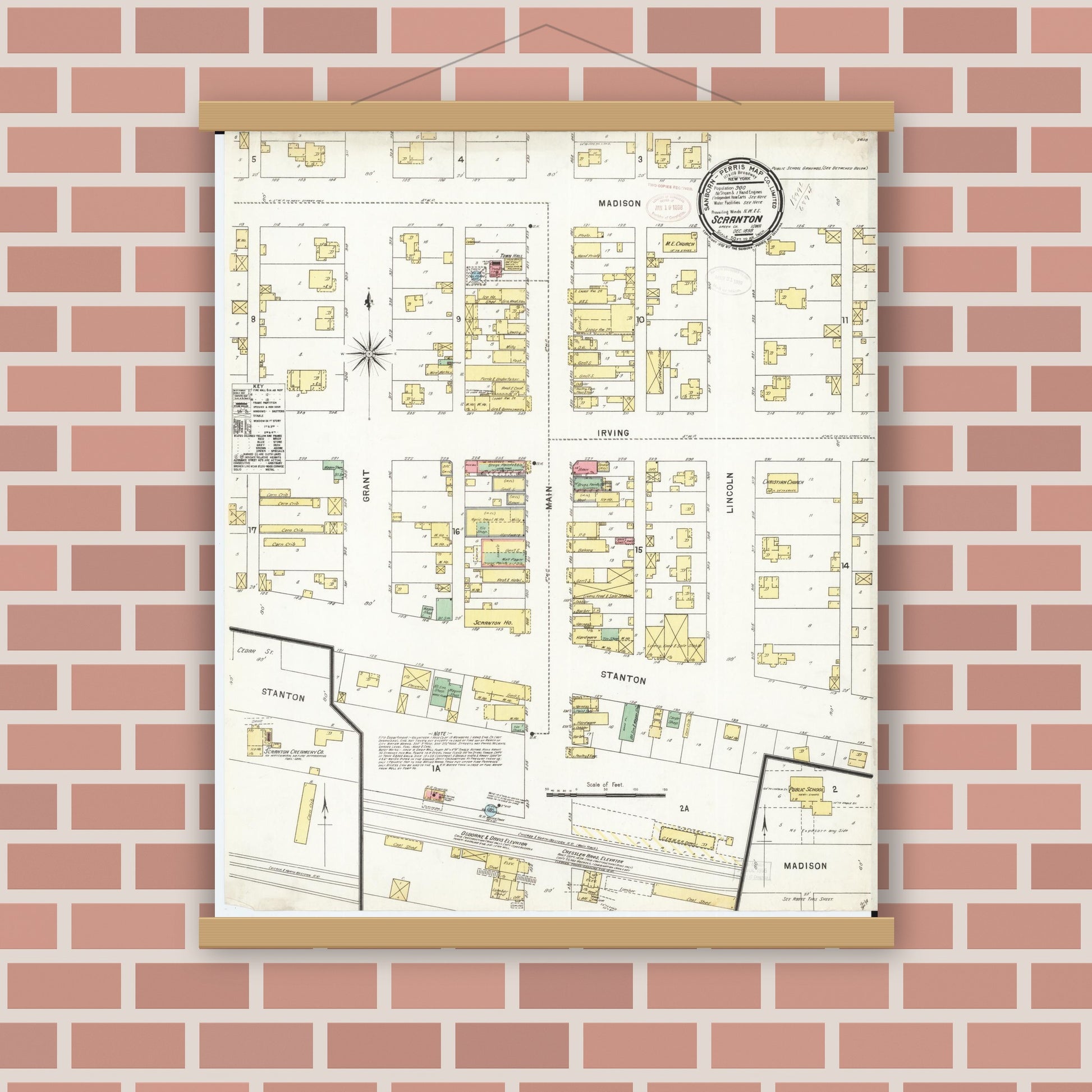 Old map wall art mockup — magnetic wood frame on brick wall — Sanborn Fire Insurance Map from Scranton, Greene County, Iowa (1898), Sheet #0001