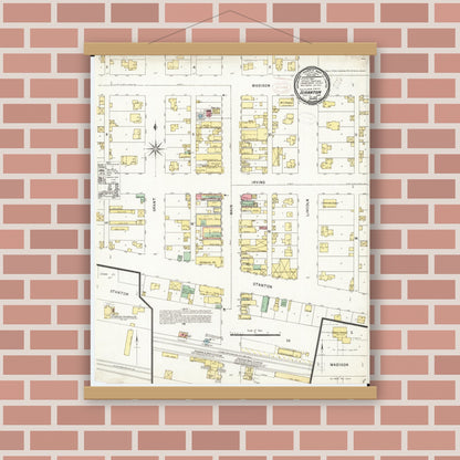 Old map wall art mockup — magnetic wood frame on brick wall — Sanborn Fire Insurance Map from Scranton, Greene County, Iowa (1898), Sheet #0001
