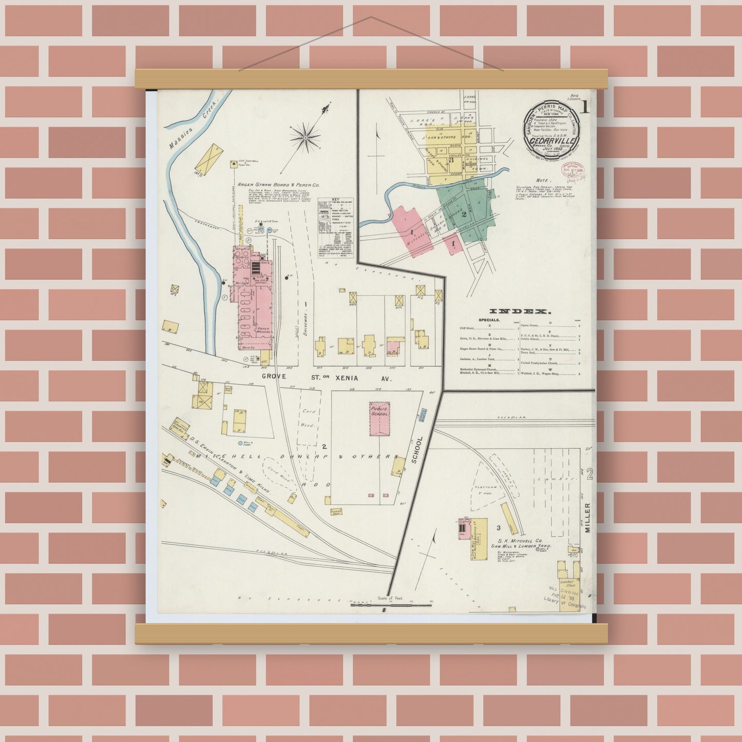 Old map wall art mockup — magnetic wood frame on brick wall — Sanborn Fire Insurance Map from Cedarville, Greene County, Ohio (1895) - Complete Map Set