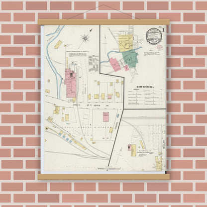 Old map wall art mockup — magnetic wood frame on brick wall — Sanborn Fire Insurance Map from Cedarville, Greene County, Ohio (1895) - Complete Map Set
