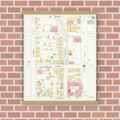Old map wall art mockup — magnetic wood frame on brick wall — Sanborn Fire Insurance Map from Raleigh, Wake County, North Carolina (1909), Sheet #0019