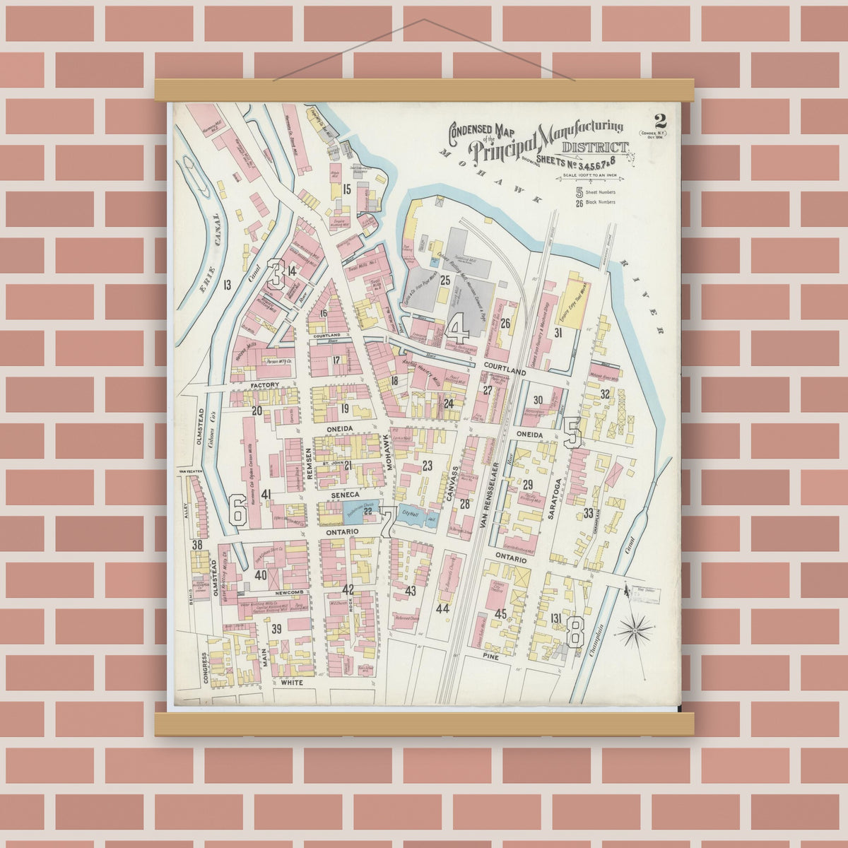 Old map wall art mockup — magnetic wood frame on brick wall — Sanborn Fire Insurance Map from Cohoes, Albany County, New York (1896), Sheet #0002