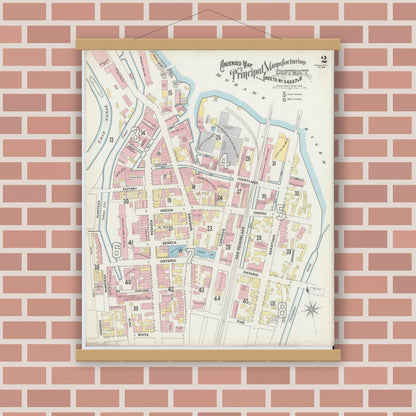 Old map wall art mockup — magnetic wood frame on brick wall — Sanborn Fire Insurance Map from Cohoes, Albany County, New York (1896), Sheet #0002