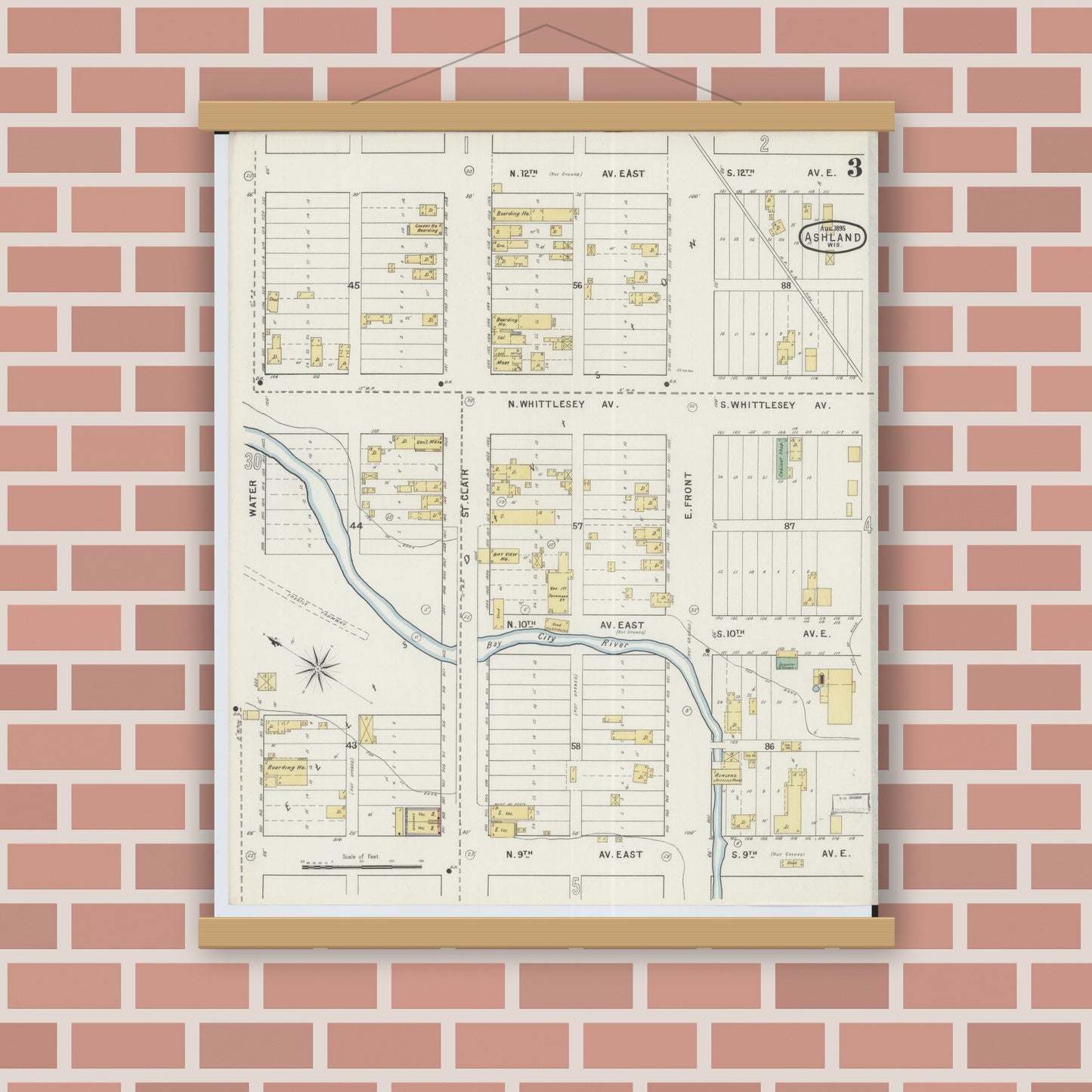 Old map wall art mockup — magnetic wood frame on brick wall — Sanborn Fire Insurance Map from Ashland, Ashland County, Wisconsin (1895), Sheet #0003