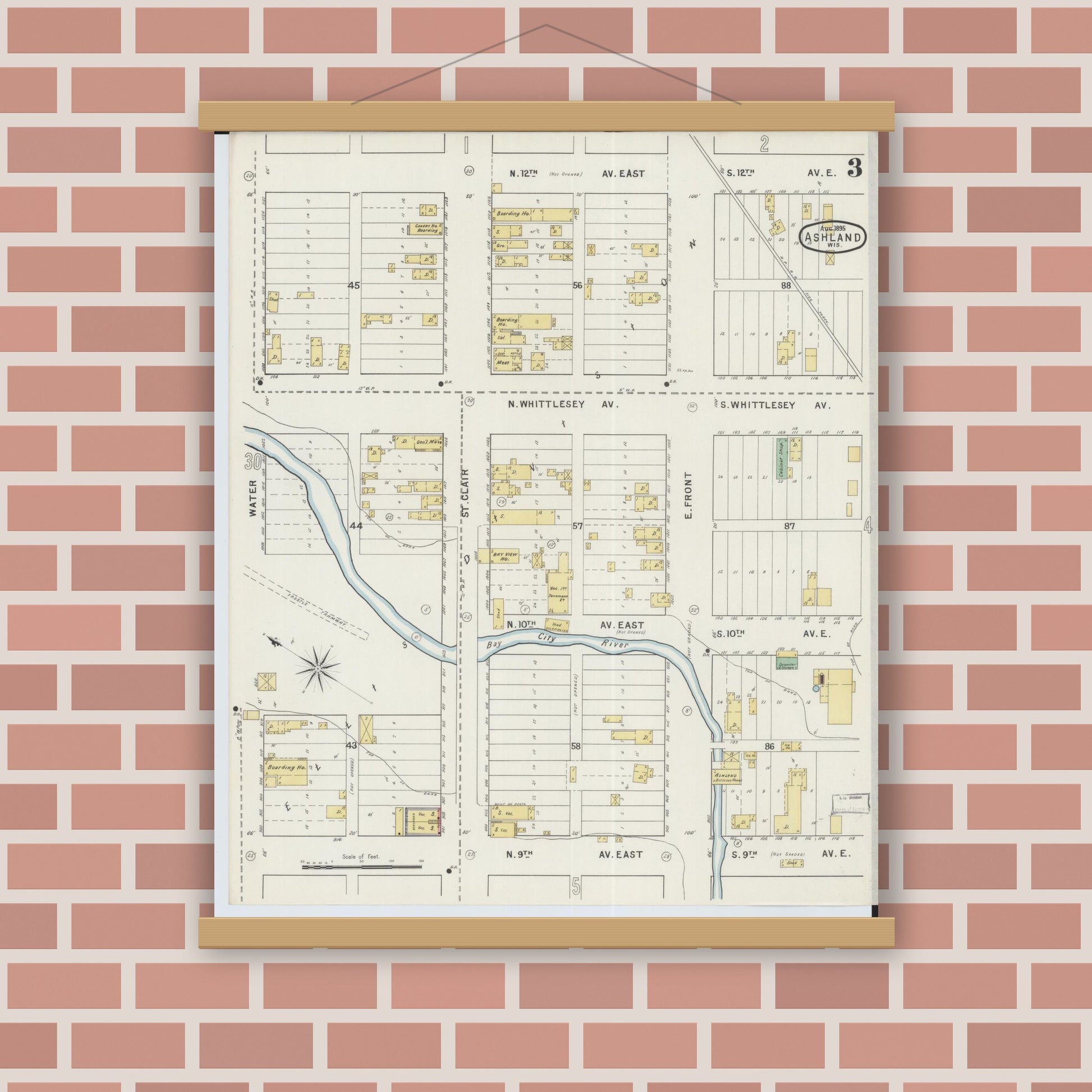 Old map wall art mockup — magnetic wood frame on brick wall — Sanborn Fire Insurance Map from Ashland, Ashland County, Wisconsin (1895), Sheet #0003
