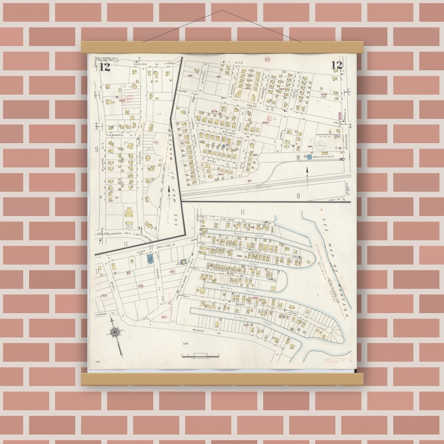 Old map wall art mockup — magnetic wood frame on brick wall — Sanborn Fire Insurance Map from Bellmore, Nassau County, New York (1945), Sheet #0012
