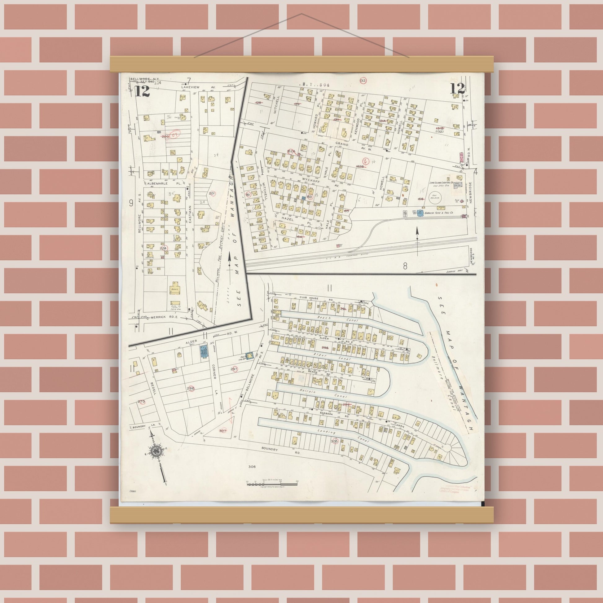 Old map wall art mockup — magnetic wood frame on brick wall — Sanborn Fire Insurance Map from Bellmore, Nassau County, New York (1945), Sheet #0012