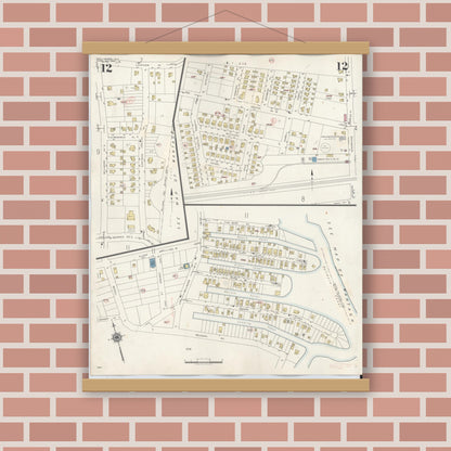 Old map wall art mockup — magnetic wood frame on brick wall — Sanborn Fire Insurance Map from Bellmore, Nassau County, New York (1945), Sheet #0012